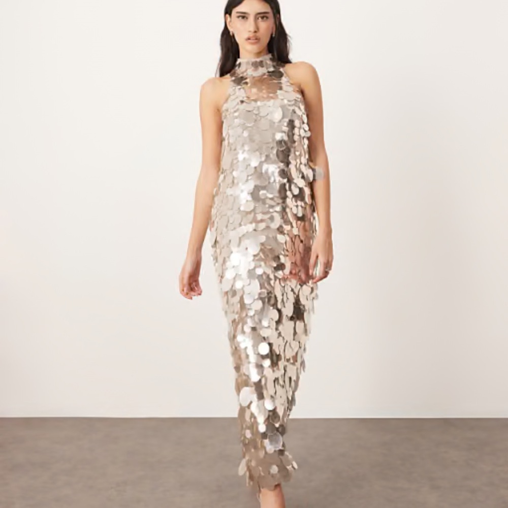 ARRANGE Silver Sequin Halter Gown